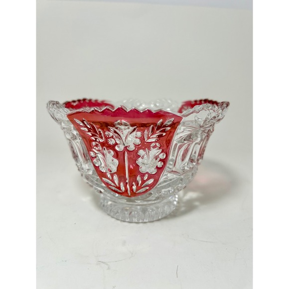Other - Vintage Ruby Flash Stained EAPG Pressed Glass Bowl Floral Etched‎ Scalloped Edge